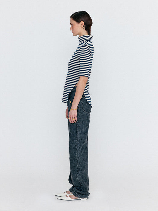Eenk Wersey High Neck Stripe Jersey Top - Navy/Ivory Stripe