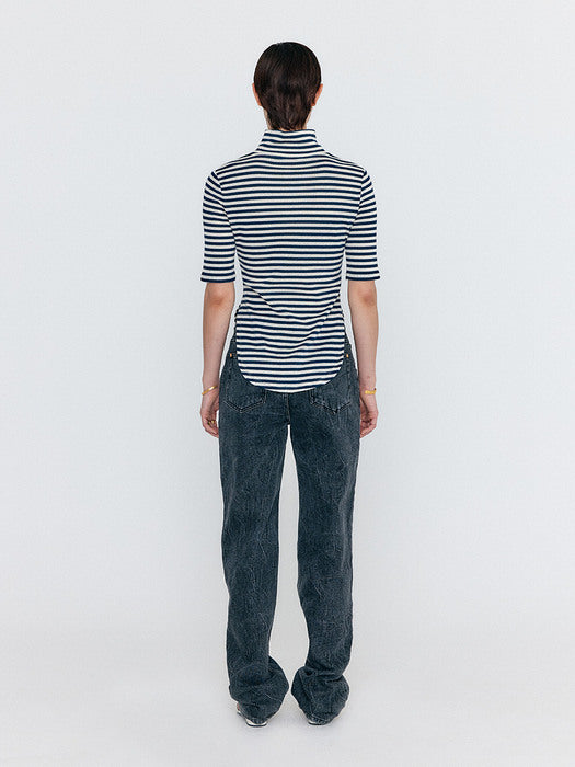 Eenk Wersey High Neck Stripe Jersey Top - Navy/Ivory Stripe