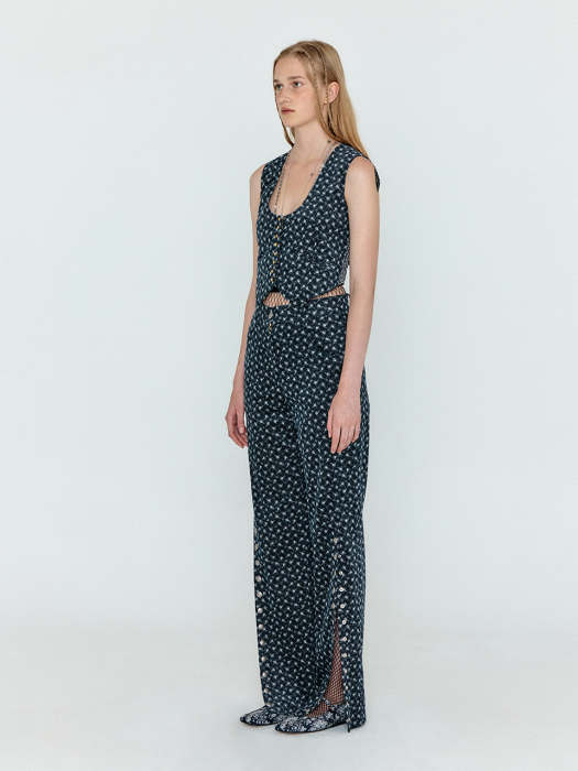 [EENK] Welda Side Slit Straight Pants - Navy Multi