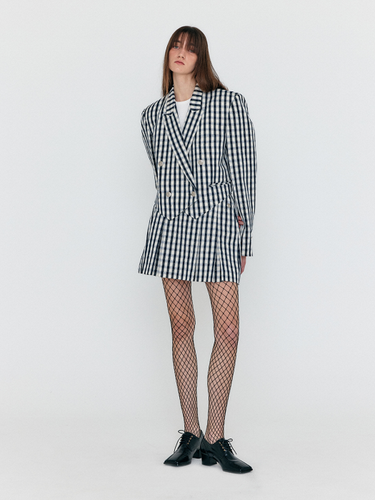 Eenk Wendel Double-Belted Pleated Mini Skirt - Ivory/Navy Check