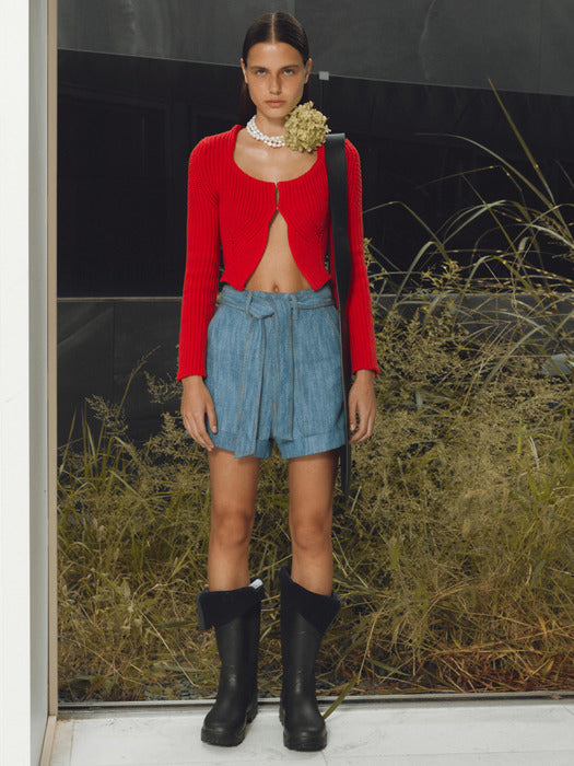 [recto] COTTON HIGH-WAIST RIBBON SHORTS (BLUE)