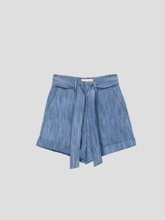 [recto] COTTON HIGH-WAIST RIBBON SHORTS (BLUE)