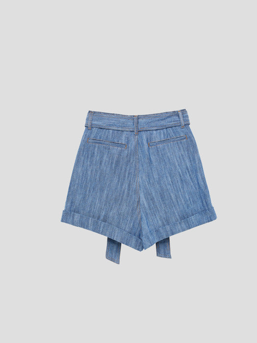 [recto] COTTON HIGH-WAIST RIBBON SHORTS (BLUE)