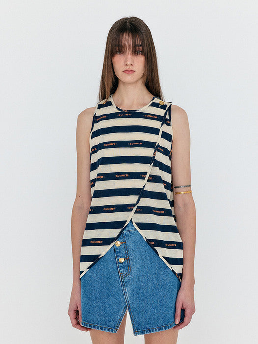 Eenk Wavie Sleeveless Open Jersy Top - Navy/Beige Stripe