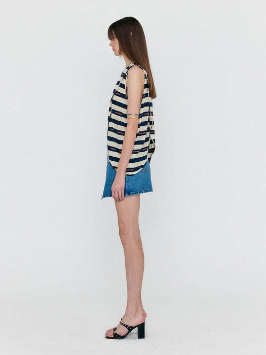 Eenk Wavie Sleeveless Open Jersy Top - Navy/Beige Stripe