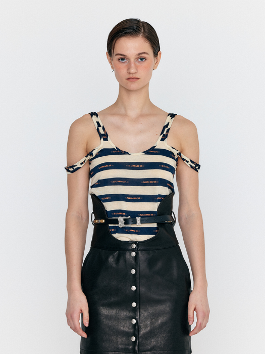 Eenk Woue Sleeveless Cutout Jersey T-shirt - Navy/Beige Stripe