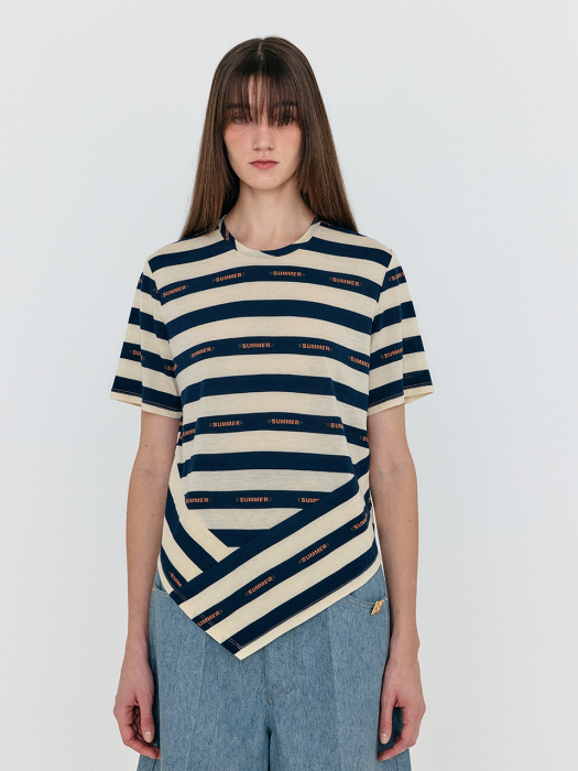 Eenk Wave Asymmetric Paneled T-Shirt - Navy/Beige Stripe