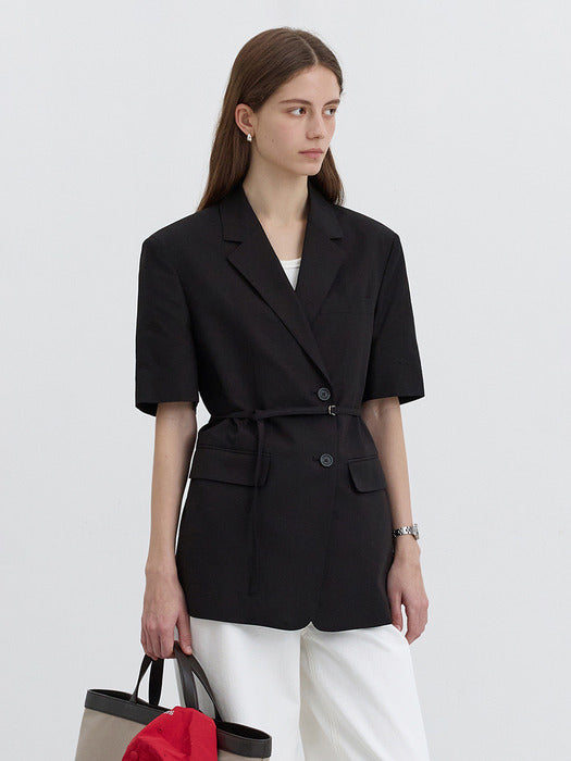 [dunst] HALF SLEEVE BELTED LINEN JACKET BLACK_UDJA5B226BK