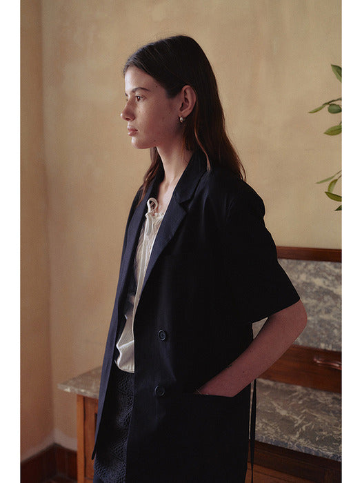 [dunst] HALF SLEEVE BELTED LINEN JACKET BLACK_UDJA5B226BK