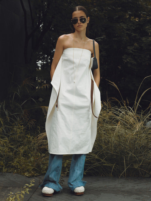[recto] COTTON LINEN BACK WRAP TUBE TOP DRESS (OFF WHITE)