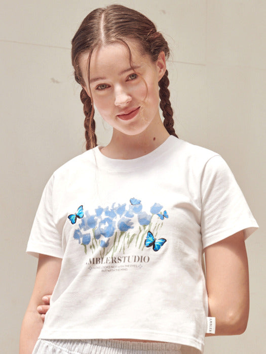 [ambler] Blue Butterfly Crop T-Shirts ACR404 (White)