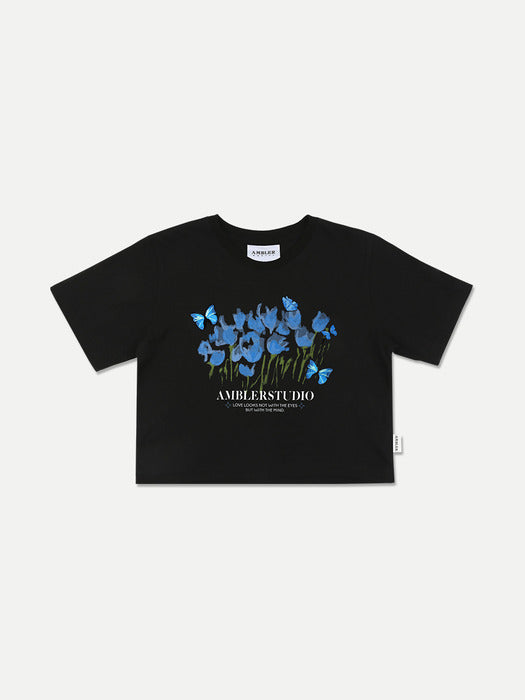 [ambler] Blue Butterfly Crop T-Shirts ACR404 (Black)