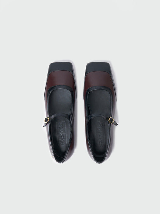 Eenk Xava Square Toe Color Blocked Mary-Jane Flats - Burgundy/Black