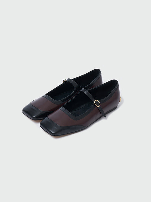 Eenk Xava Square Toe Color Blocked Mary-Jane Flats - Burgundy/Black