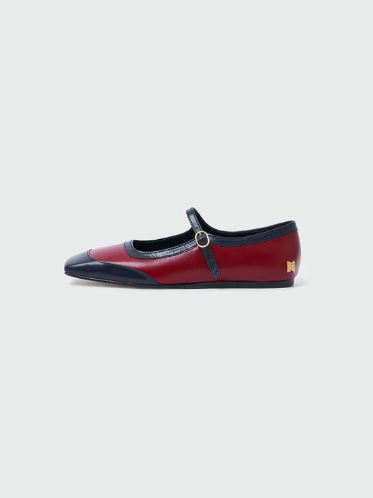 [EENK] Xava Square Toe Color Blocked Mary-Jane Flats - Red/Navy