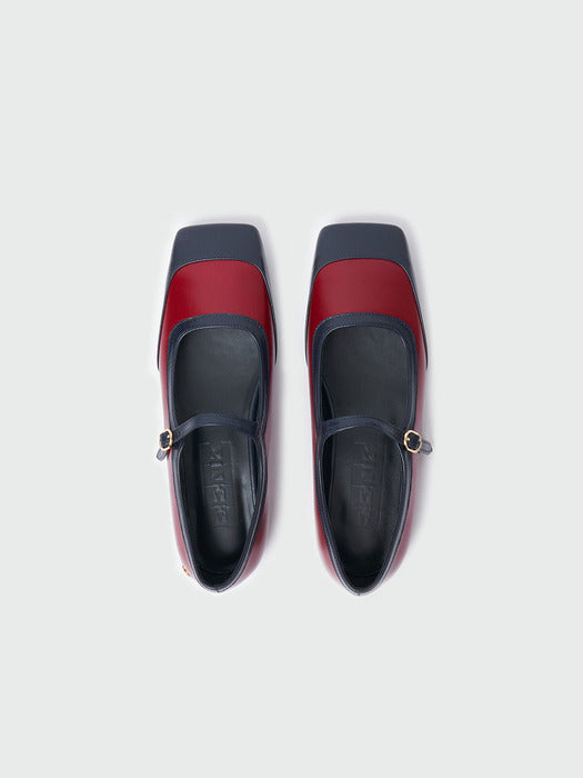 [EENK] Xava Square Toe Color Blocked Mary-Jane Flats - Red/Navy