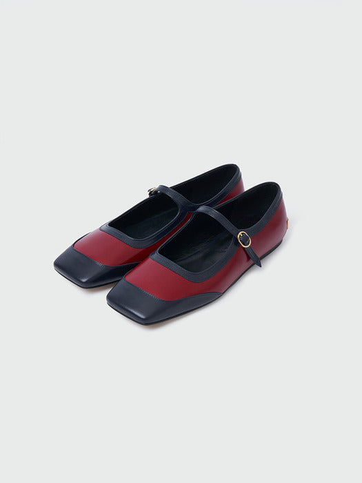[EENK] Xava Square Toe Color Blocked Mary-Jane Flats - Red/Navy