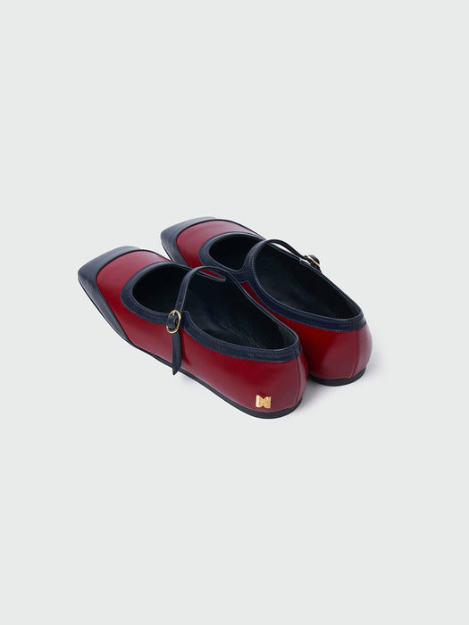 [EENK] Xava Square Toe Color Blocked Mary-Jane Flats - Red/Navy