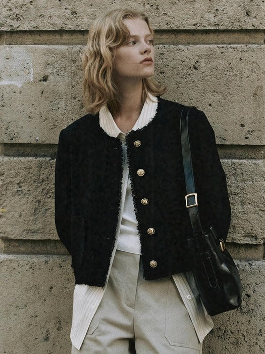 [loeuvre] Fringe Collarless Tweed Jacket SW3AJ115-10