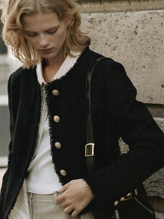 [loeuvre] Fringe Collarless Tweed Jacket SW3AJ115-10