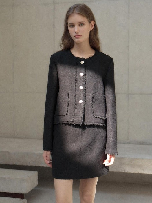 [loeuvre] Fringe Collarless Tweed Jacket SW3AJ115-10