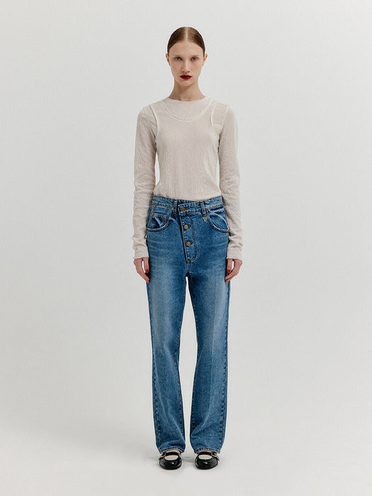 [EENK] Xeneva Asymmetric Front Denim Pants - Blue