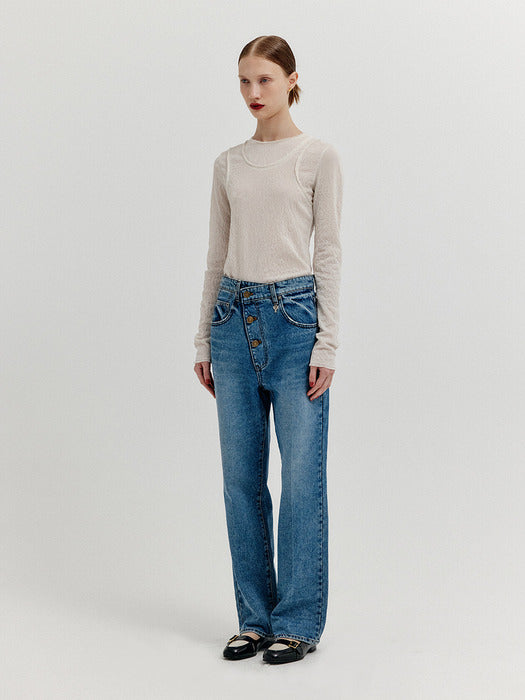 [EENK] Xeneva Asymmetric Front Denim Pants - Blue