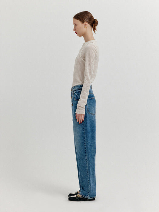 [EENK] Xeneva Asymmetric Front Denim Pants - Blue