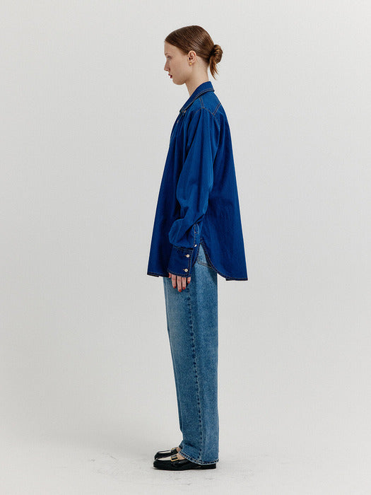 Eenk Xover Long Sleeve Denim Shirt - Denim Blue