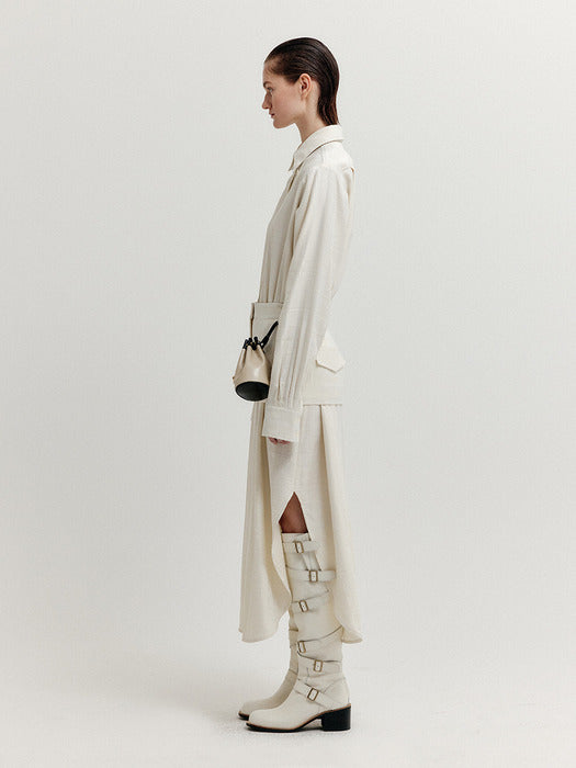 Eenk Xyo Shirt Dress with Separable Collar and Skirt Belt - Ivory
