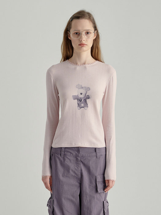 WOOD EYELET SLIM T-SHIRT_pink