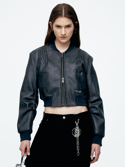 [andersson bell] (WOMEN) TANYA FAUX LEATHER PINTUCK BOMBER JACKET awa516w(ANTHRACITE)
