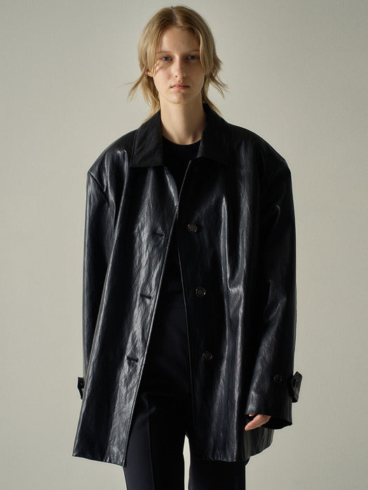 Facade Pattern Leather Half Coat black