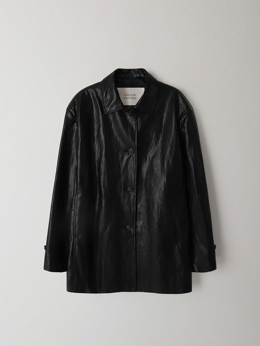 Facade Pattern Leather Half Coat black