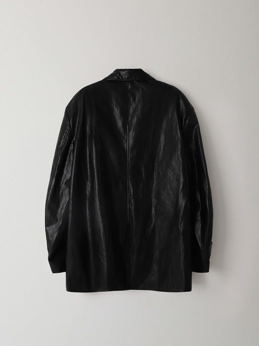 Facade Pattern Leather Half Coat black