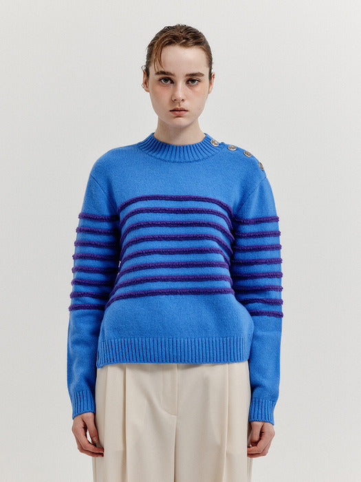 Eenk Xtripe Stripe 4 Buttons Knit Top - Blue
