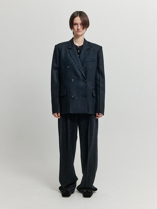 Eenk Xievie Double-Breasted Blazer - Navy/Grey Stripe
