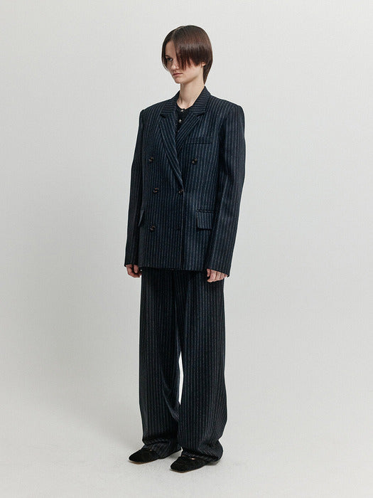 Eenk Xievie Double-Breasted Blazer - Navy/Grey Stripe