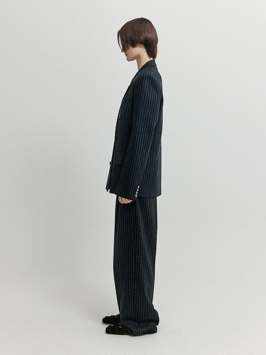Eenk Xievie Double-Breasted Blazer - Navy/Grey Stripe