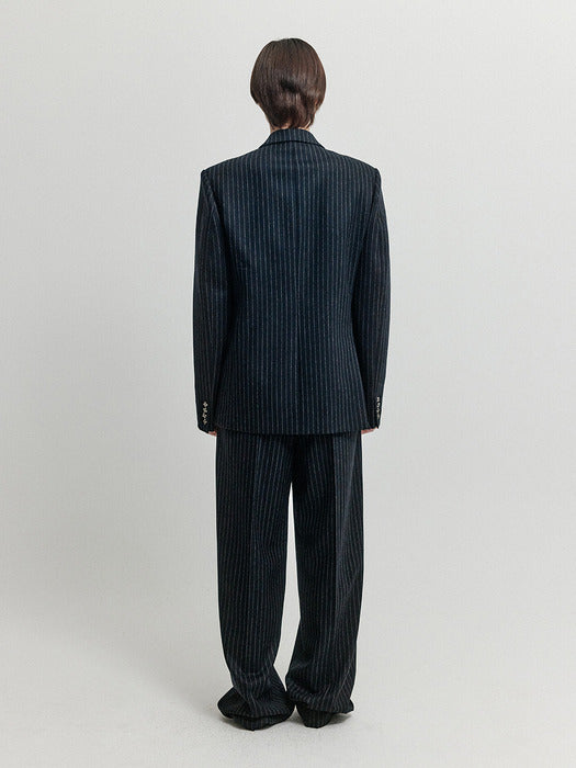 Eenk Xievie Double-Breasted Blazer - Navy/Grey Stripe