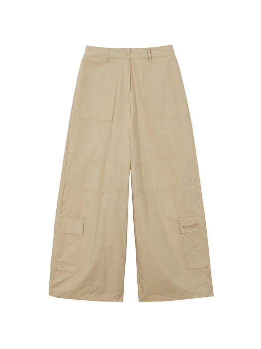 COTTON CURVED CARGO PANTS_beige