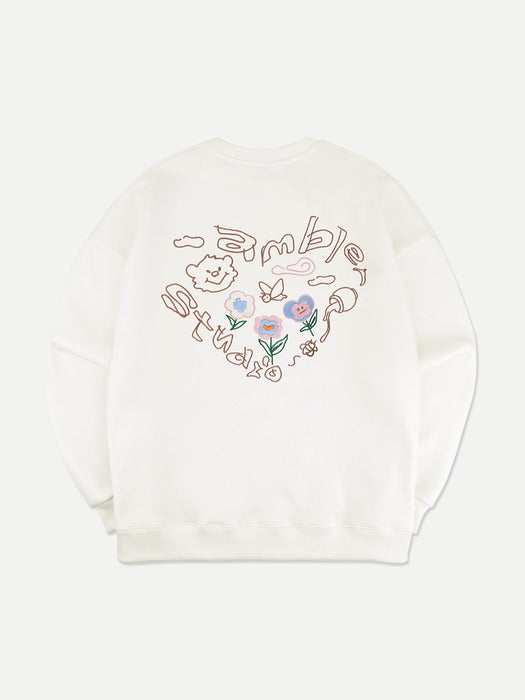 [ambler] Flower heart Over fit Sweatshirt AMM1107 (Ivory)