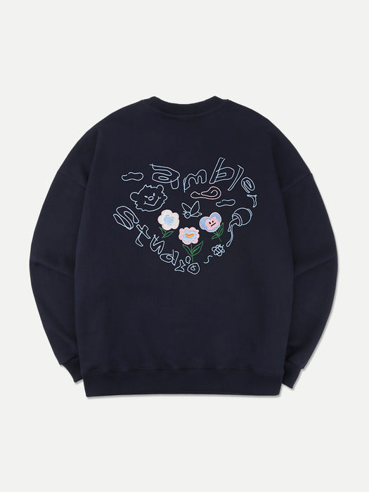 [ambler] Flower heart Over fit Sweatshirt AMM1107 (Navy)