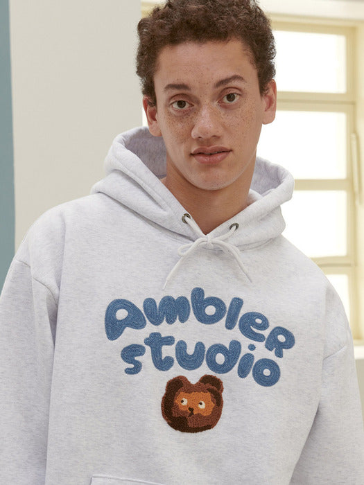 [ambler] lighting bear Over fit Hoodie AHP1011 (White-Melange)