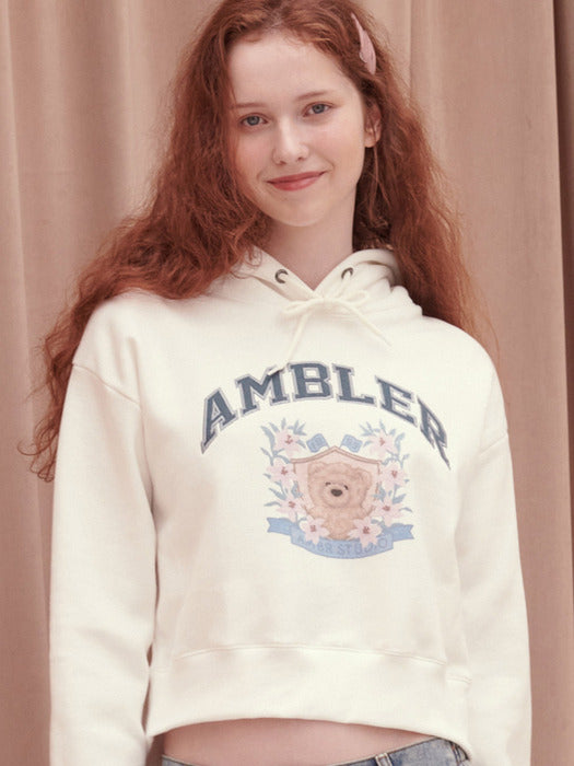 [ambler] Blossom bear Crop Hoodie AHC303 (White)
