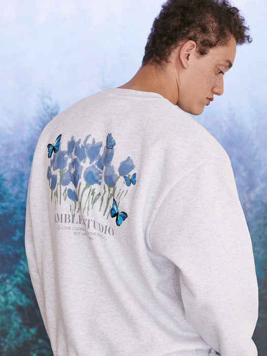 [ambler] Blue Butterfly Over fit Sweatshirt AMM1110 (White-Melange)