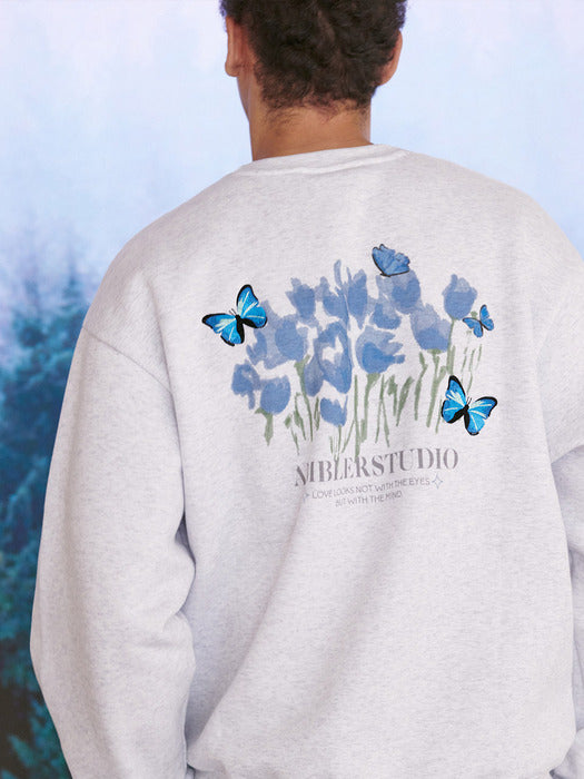 [ambler] Blue Butterfly Over fit Sweatshirt AMM1110 (White-Melange)