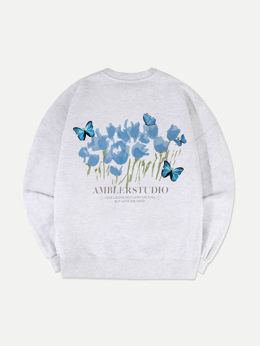 [ambler] Blue Butterfly Over fit Sweatshirt AMM1110 (White-Melange)