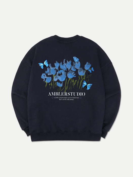 [ambler] Blue Butterfly Over fit Sweatshirt AMM1110 (Navy)