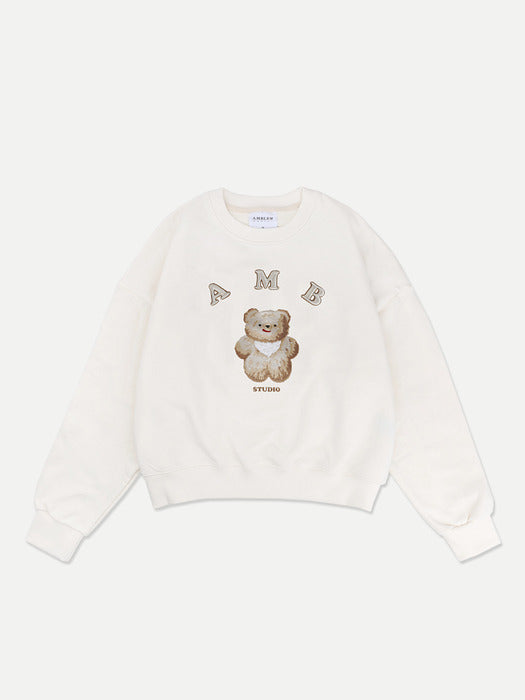 [ambler] Bushy bear Crop Sweatshirt AMC203 (Ivory)